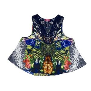 Shasa Sleeveless Blouse Womens M Blue Crochet Flowy Animal Print Floral Tank Top